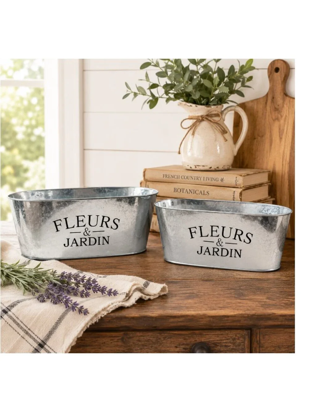 NWT Set of 2 Fleurs & Jardin Galvanized Metal Planters French Farmhouse Herb Gar
